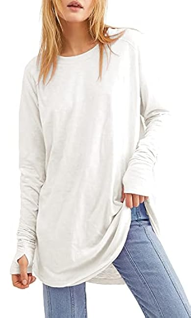 Fisoew Women's Casual Long Sleeve Tops Crew Neck Round Hem Loose T-Shirts Tunic Tops with Thumb Holes