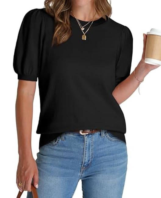 WIHOLL Women's Puff Short Sleeve Sweater 2025 Spring Summer Tops Trendy Business Casual Outfits Work Blouses Clothes