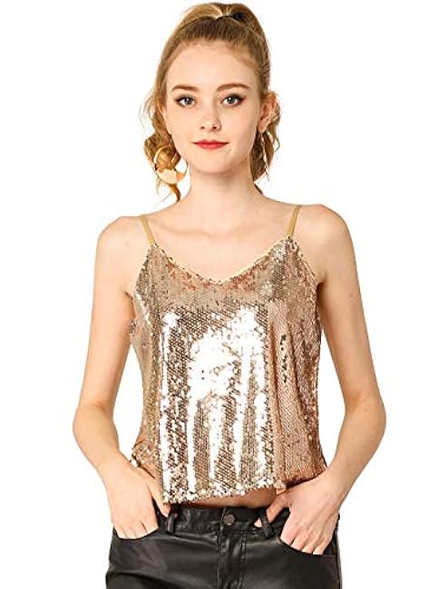 Allegra K Women's Sequined Shining Camisole Club Party Glitter Disco Sparkle Cami Top