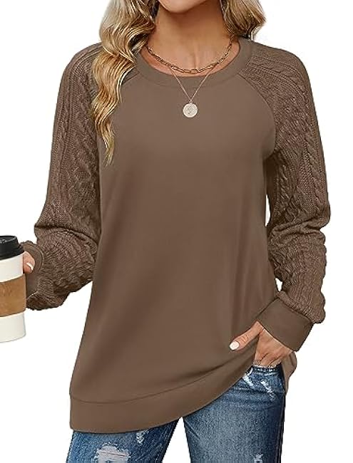 Saloogoe Sweatshirts for Women Crewneck Cable Knit Sleeve Sweaters Lightweight Fashion 2024