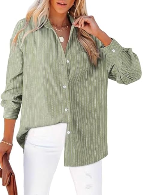 Astylish Women Blouses Oversized Striped Shirt Long Sleeve V Neck Button Down Work Tops