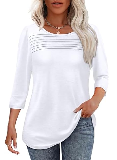 OFEEFAN Womens Tops 3/4 Length Sleeve Blouses Dressy Casual Spring Summer Outfits Pleated Front T Shirts Curved Hem