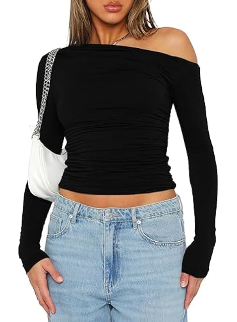 Darong Women's Casual Long Sleeve Boat Neck Off Shoulder Slim Fit Crop Top Going Out Blouses Y2K Tight Shirts