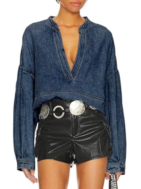Women's Denim Pullover Deep V Neck Long Sleeve Raw Hem Loose Fit Casual Jean Tops