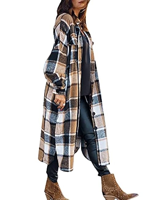SKIKYAN Women Fall Flannel Plaid Shacket Jacket Oversized Button Down Long Shirt Jacket