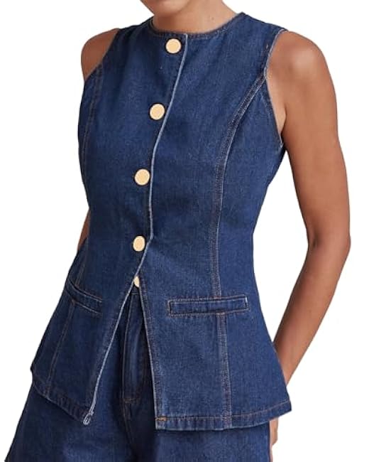 Kedera Women's Button Down Denim Vest Sleeveless Tank Tops Crew Neck Slim Fit Jean Jacket Waistcoat with Pockets