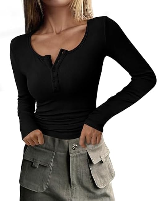 PRETTYGARDEN Women's 2025 Spring Fall Long Sleeve Henley T Shirts Button Ribbed Knit Slim Fit Casual Basic Tops Blouse
