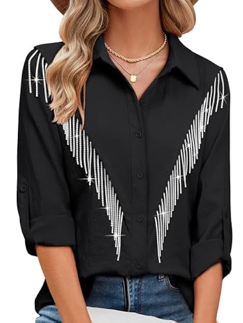 MYMORE Womens Rhinestone Fringe Button Down Shirt Rolled 3/4 Sleeve Sparkly Top Concert Nashville Western Cowgirl Outfit