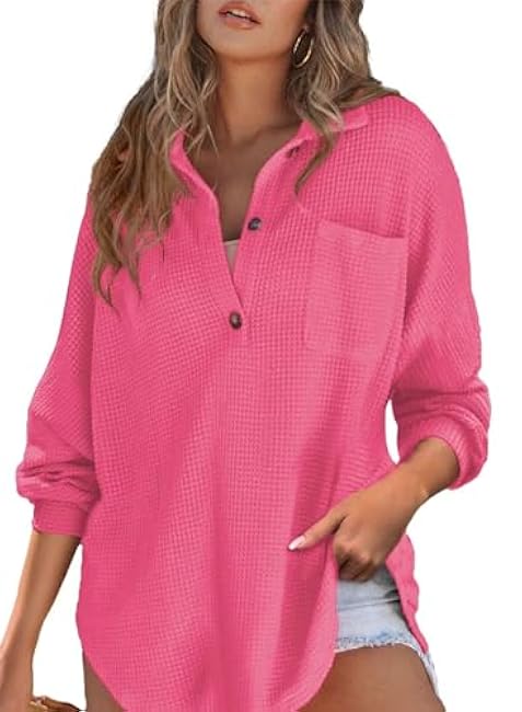 Astylish Women Waffle Knit Tops Henley Shirts Long Sleeve V Neck Solid Color Casual Tunic