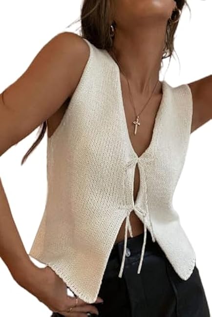 Women Y2k Crochet Vest Top Vintage Solid Color V Neck Sleeveless Front Tie Tops Going Out Tops