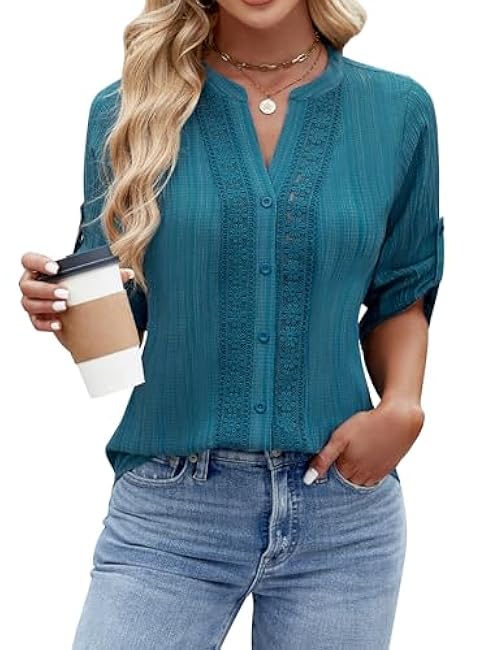 Blooming Jelly Womens Button Down Shirts Lace Crochet Dressy Casual Tops 3/4 Sleeve Work Summer Outfits 2025