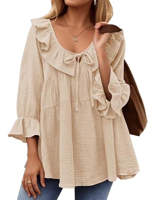 ZESICA Womens Scoop Neck 3/4 Length Sleeve Tops Casual Tie Front Ruffle Tiered Loose Tunic Shirts Blouses Spring Outfits