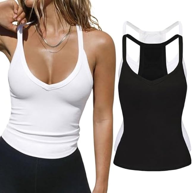 2 Pack V Neck Tank Tops for Women Built in Bra Racerback Womens Tank Tops Basics Yoga Ribbed Gym Sleeveless Shirts