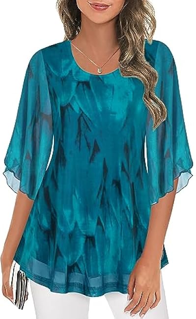 Ninedaily Women's Tops 3/4 Sleeve Blouses Dressy Casual Double Layers Mesh Tunic Shirts