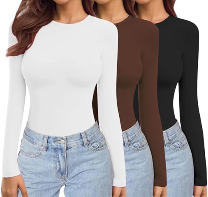Ekouaer Womens 3 Pack Long Sleeve Shirts Crew Neck Stretch Fitted Underscrubs Trendy Basic Tops Lightweight Thermal Tee