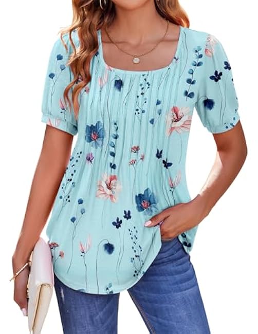 Zeagoo Womens Summer Tops Casual Puff Short Sleeve T Shirts Floral/Solid Pleated Tunics Square Neck Work Blouse