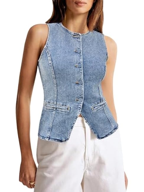 Tankaneo Womens Button Down Denim Vest Tops Sleeveless Fitted Jean Tank Tops Summer Trendy Casual Waistcoat