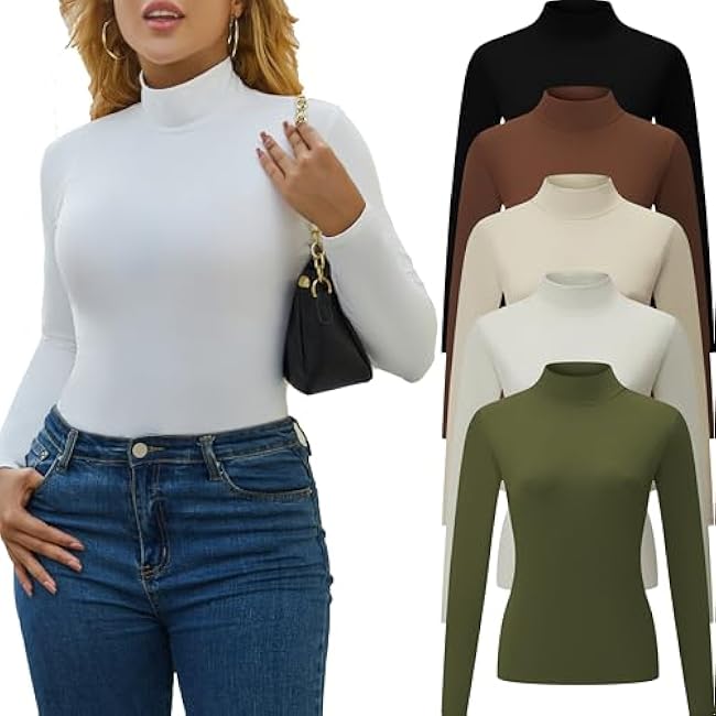5 Piece Women's T-Shirts Turtleneck Long Sleeve Tops High Neck Fitted Layering Warm Base Fall Winter Basic Tees