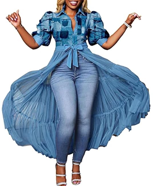 Choichic Women' Button Down Shirts High Waist Short Sleeve Sheer Mesh Patchwork Maxi Dress Long Shirts Tunics with Belt