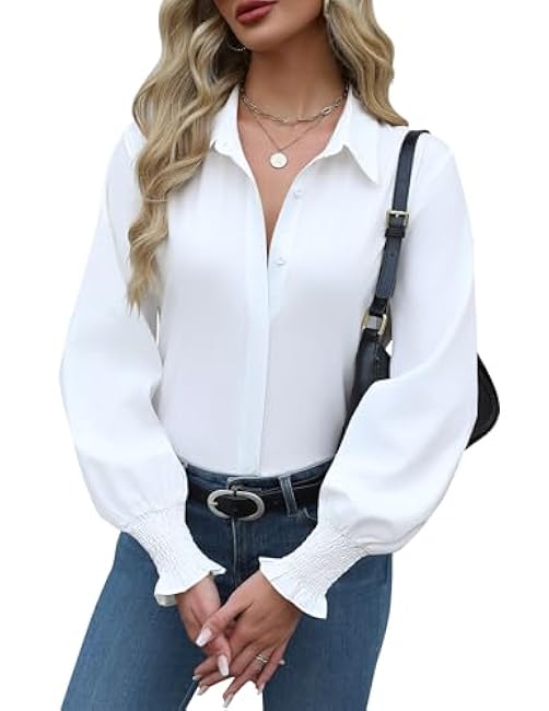 Zeagoo Womens Button Down Shirts Smocked Cuffed Blouse Printed Lantern Shirt Long Sleeve Tops Casual Collar Business Fashion