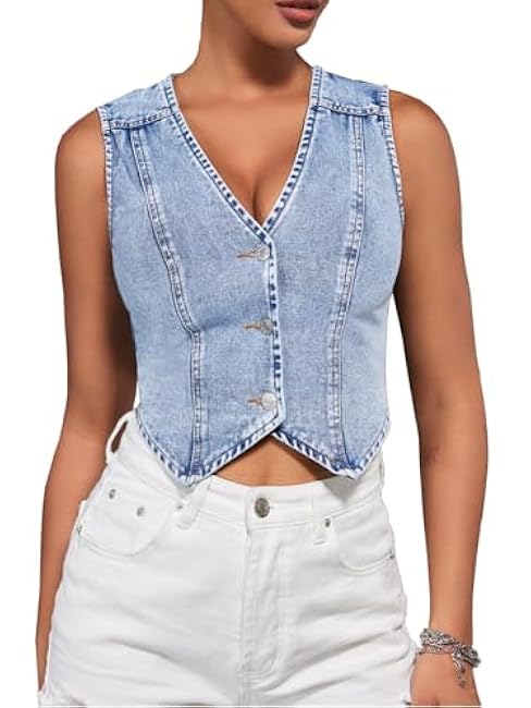 SHENHE Women's Denim Vest Button Down Sleeveless Jean Vest Top Y2K Cropped Denim Jacket Country Fashion Western Clothes