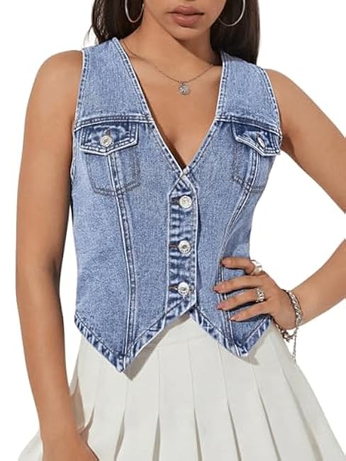 GORGLITTER Women's Denim Vest Sleeveless Jean Vest Crop Denim Tank Top Flap Pocket Button Front Y2K Vest 2025