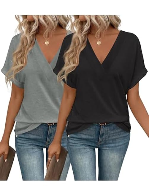 2PCS T Shirts Short Sleeve V Neck Tees Womens Fashion Tops Trendy Soft 2025 Casual Summer Spring Outfits Clothes
