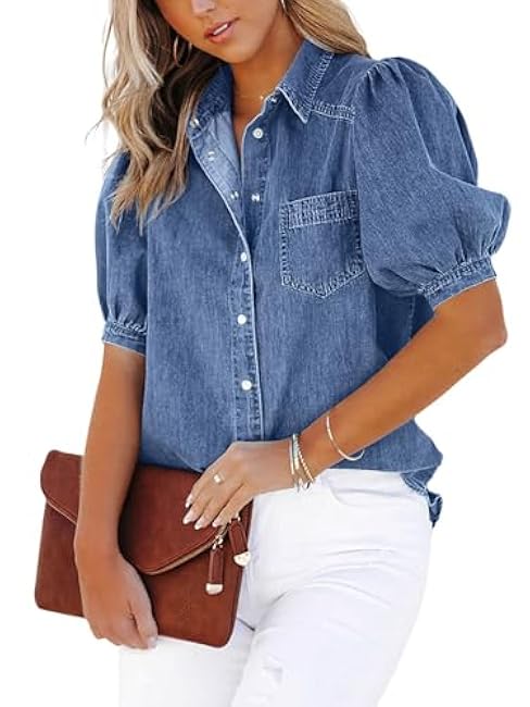 CHARTOU Women's Casual Washed Distressed Puff Sleeve Denim Button Down Shirt Jean Jacket Coat
