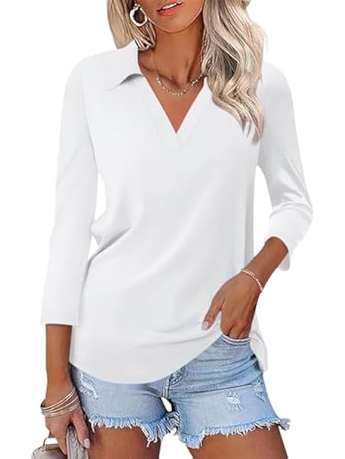 Womens V Neck Polo Shirts 3/4 Sleeve Collared Tops Business Casual Summer Tops Trendy Loose