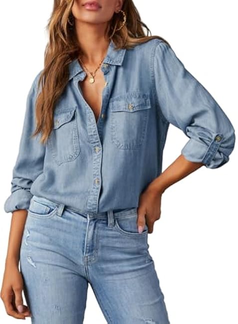 Astylish Women Button Down Denim Shirts Casual Long Sleeve V Neck Chambray Blouse Top
