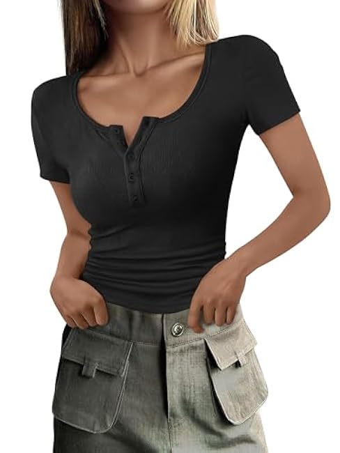 ANRABESS Women's 2025 Summer Short Sleeve Tops Ribbed Knit Henley Button Up Slim Fit Basic Casual T Shirts Blouse