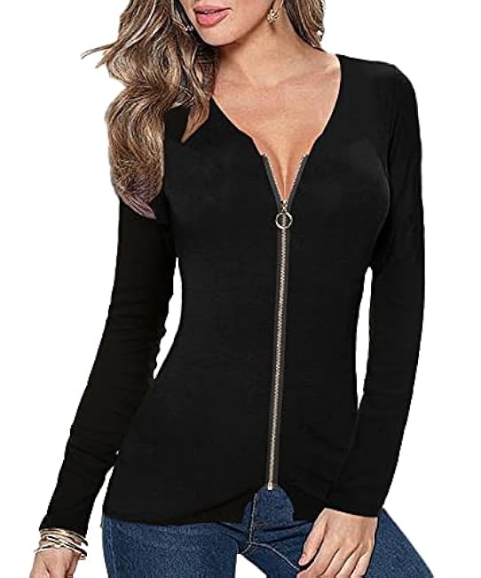 Afibi Women V Neck Zip Front Long Sleeve Casual Top Blouse Shirt/Cardigan