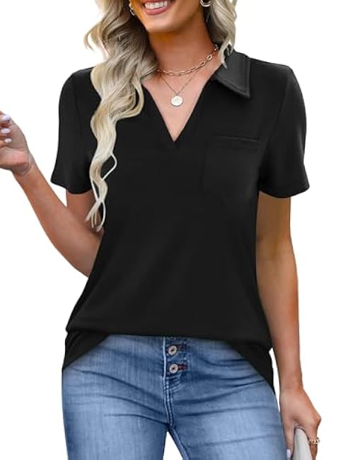 Women's Polo Shirts Collared Work Tops Short Sleeve Business Casual Dressy Blouses Summer Tops with Pocket