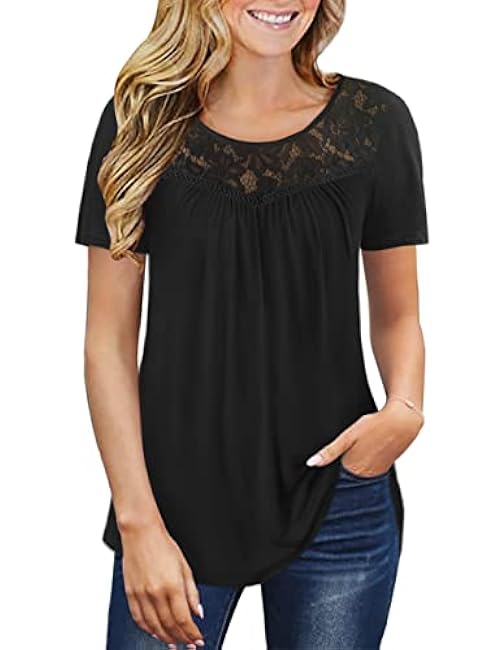 Ahlaray Women's Plus Size Summer Tops Short Sleeve Shirts Lace Pleated Tunic Tops Blouses M-4XL
