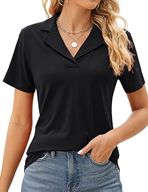 Rapbin Women's Polo Shirts Lapel Collar V Neck Short Sleeve Blouse Dressy Casual Tunic Tops