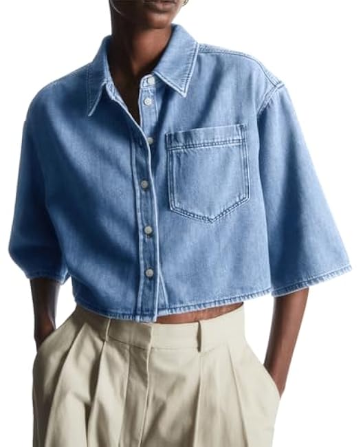Tankaneo Womens Crop Denim Shirt Half Sleeve Button Down Short Jean Jacket with Pocket