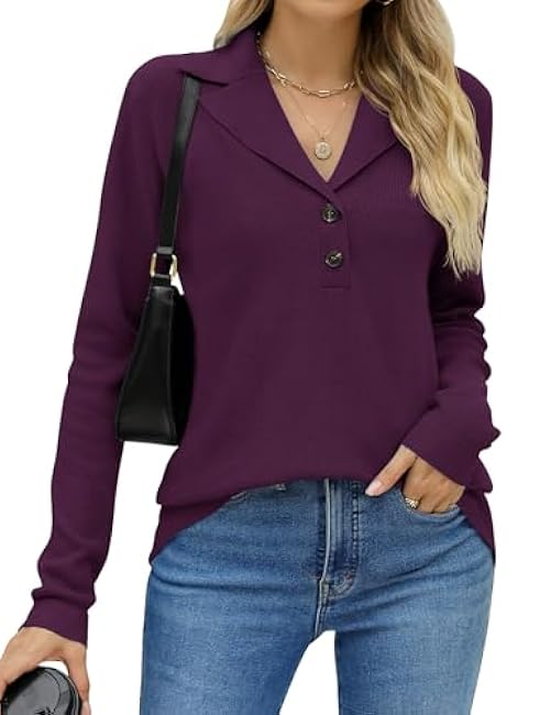LOMON Womens Fall Sweaters 2024 Knitted V-Neck Collared Business Button Pullover Long Sleeve Winter Dressy Casual Jumper