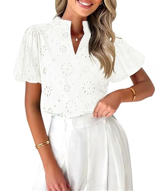 ZESICA Women's Summer Short Puff Sleeve Shirts 2025 V Neck Casual Hollow Out Lace Embroidered Blouse Tops