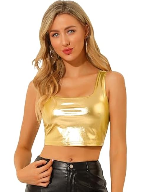 Allegra K Women's U Neck Sleeveless Party Clubwear Holographic Shiny Metallic Crop Top