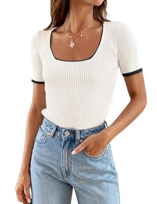 ZESICA Women's Short Sleeve Square Neck Color Block T Shirt 2025 Summer Slim Fit Ribbed Knit Basic Tee Tops