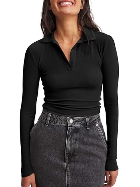 Tankaneo Womens Long Sleeve Polo Shirts V Neck Collared Work Shirt Slim Fit Ribbed Knit Basic Going Out Fall Tops
