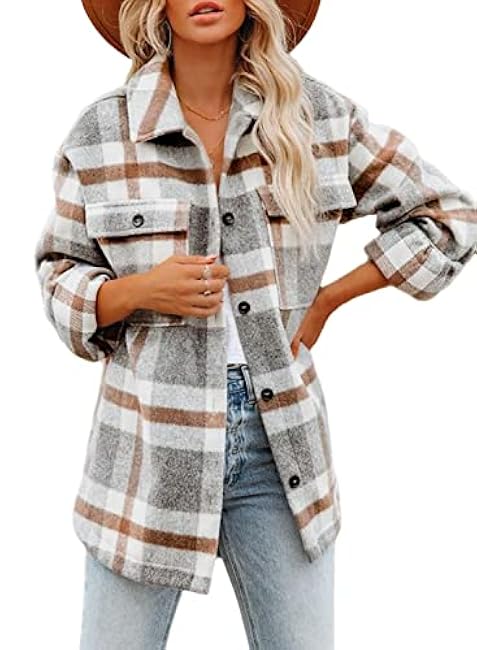 Beaully Women's Flannel Plaid Shacket Long Sleeve Button Down Shirts Jacket Coats with Side Pockets