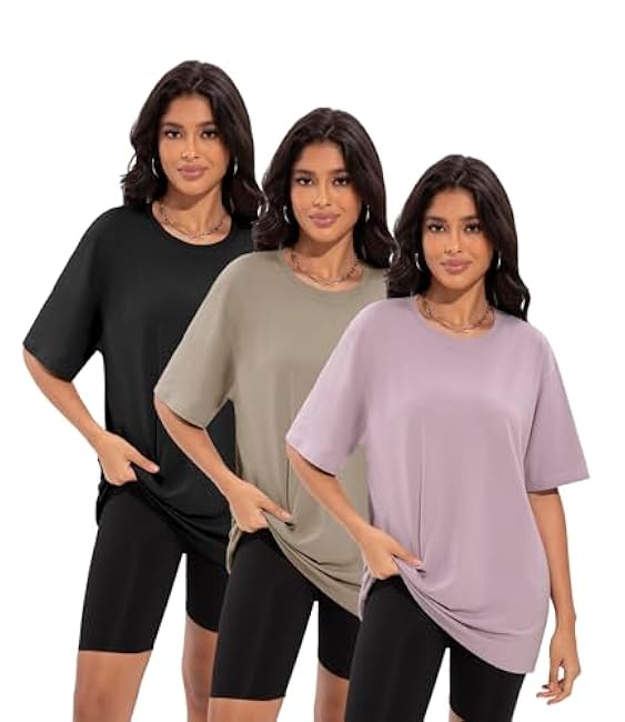 3 Pack Oversized Tshirts for Women, Loose Fit Crew Neck Summer Baggy Tops Workout Tees Plus Size T Shirts 1 Black 1 Dark Pink 1 Khaki Medium