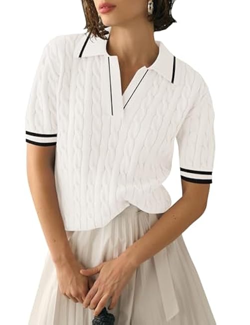 Micoson Womens Short Sleeve Sweater Tops Lapel V Neck Polo Shirts 2025 Summer Cable Knit Blouses Business Casual Outfits