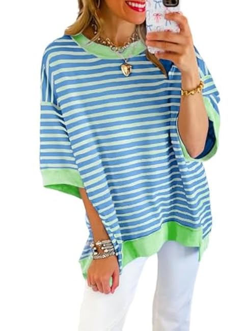SHEWIN Womens Tops Casual Short Sleeve Sweatshirt Striped Shirt Crewneck Pullover T Shirts Loose Blouses