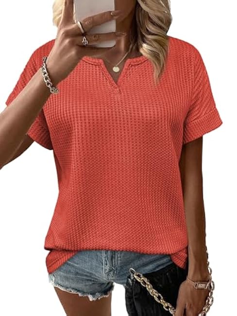 Waffle Knit Tops for Women V Neck Short Sleeve Casual Shirts Loose Summer Tunic Tops Blouses