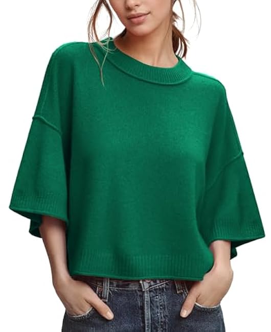 ZDC Women's Oversized Sweaters Summer 3/4 Sleeve Casual Cropped Tops Lightweight Loose Fit Knit Pullover