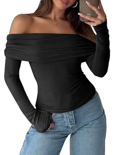 ANRABESS Womens Long Sleeve Off Shoulder Shirts Tight Fitted Going Out Y2K Sexy Ruched Tee Tops Blouses 2024 Trendy Outfits