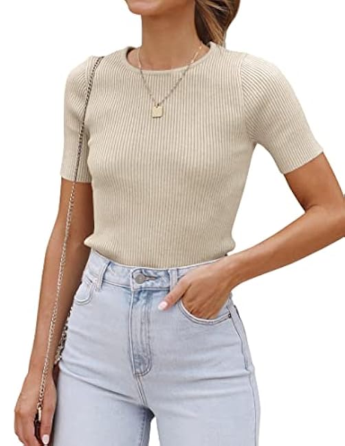 ZESICA Women's Short Sleeve Crewneck T Shirt 2025 Summer Ribbed Knit Slim Fit Basic Solid Color Tee Tops