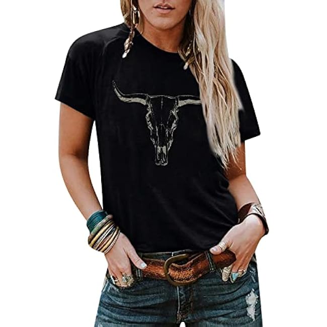 Boho Cow Skull Shirt Women Cowgirl t Shirt Vintage Western Rodeo Graphic Tee Short Sleeve Bull Skull Casual Top